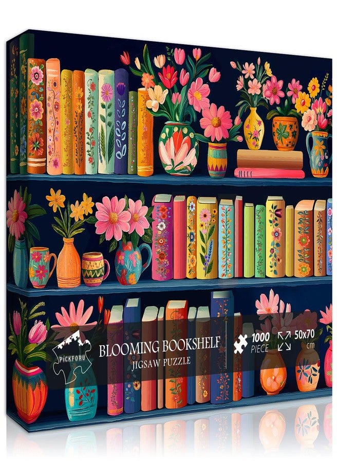 PICKFORU Blooming Bookshelf Jigsaw Puzzles 1000 Pieces, PICKFORU Wildflower Pages Puzzle, Plant Floral Flowers Books Literary Themed, Colorful Art Library Impossible Challenging Puzzles for Adults - Image 1